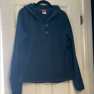 Blue Hooded Pullover with Button Detail